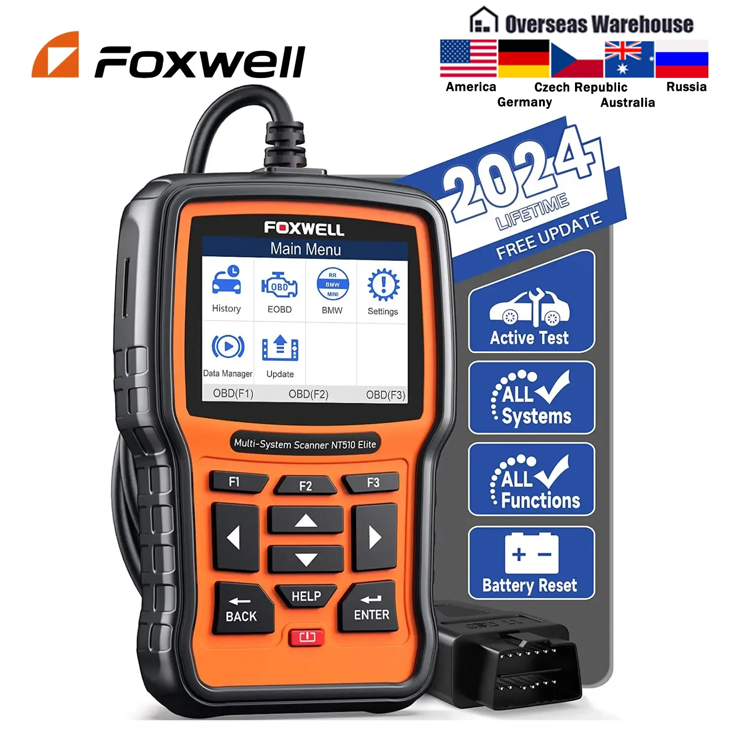 FOXWELL NT510 エリートワイヤレス OBD2 スキャナすべてのシステム双方 