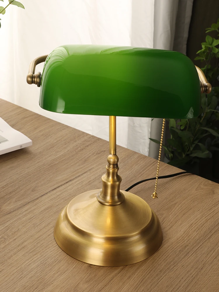 Xl American Pure Copper Table Lamp Retro Desk Bank Old Shanghai Green Cover Study Bedside Lamp Decoration