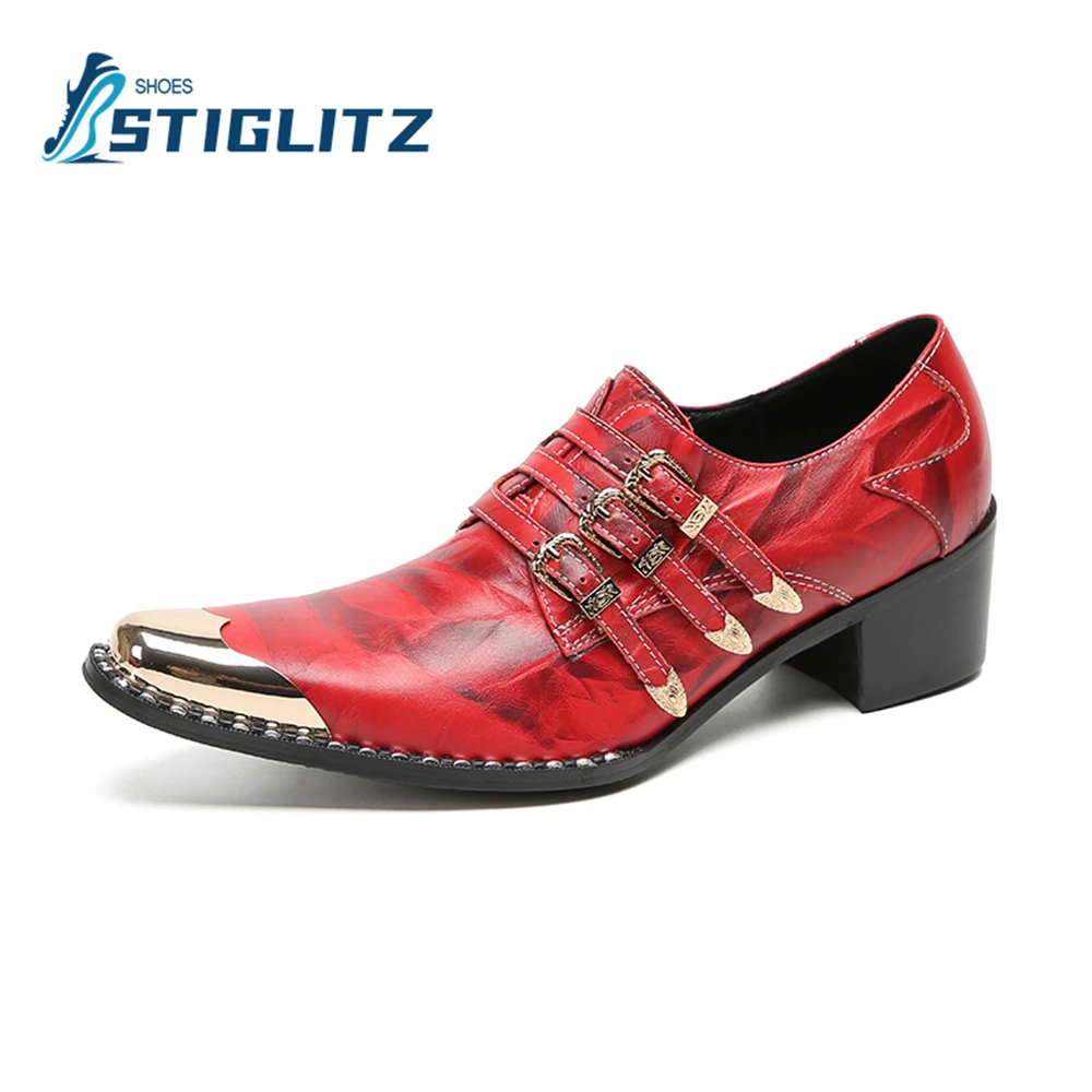 Zapatos de cuero genuino con hebillas de tres cinturones para hombre, mocasines Vintage, punta de Metal, tacón cuadrado, zapatos casuales Chelsea de