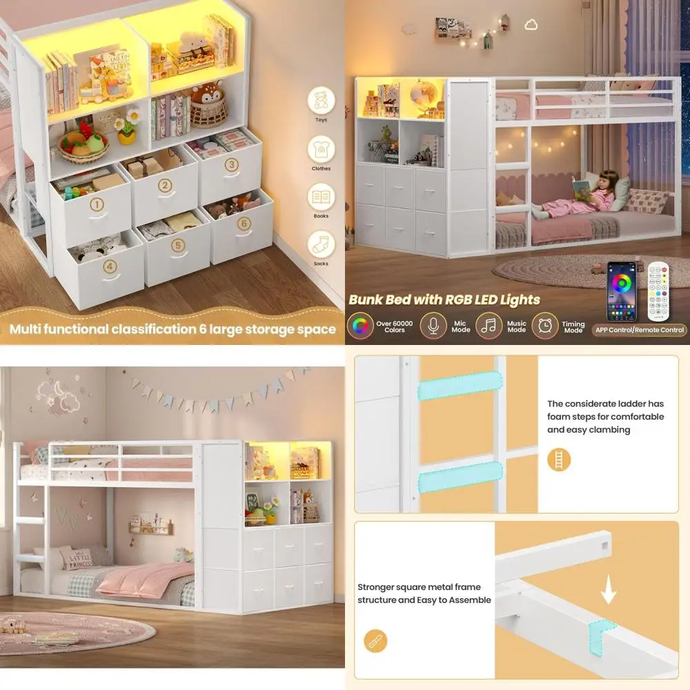 

Twin Over Twin Bunk Bed with 6 Drawers, 4 Wooden Shelves, LED Lights, Safety Ladder, and Guardrail - Space-Saving Option for Kid