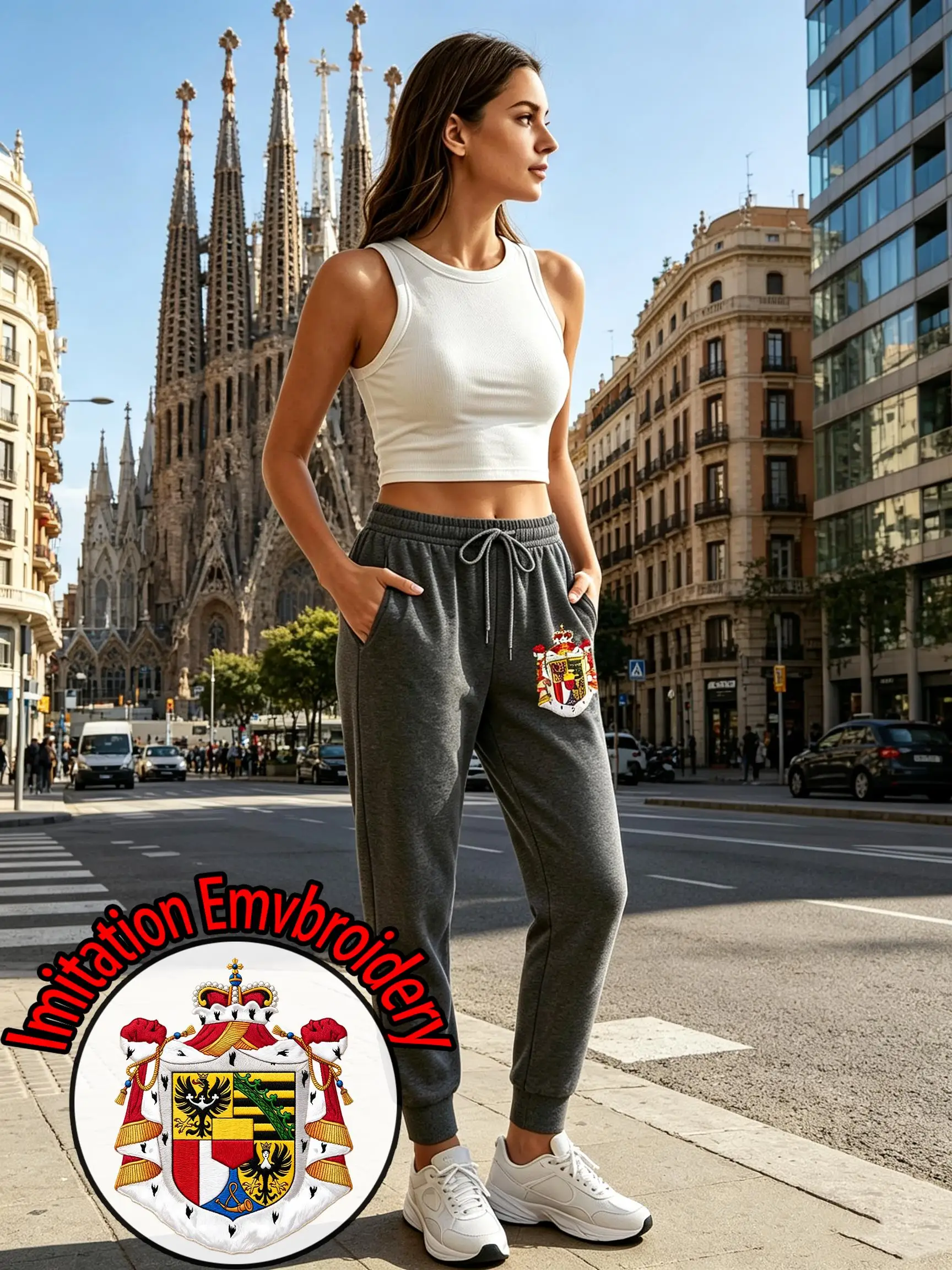 Liechtenstein Imitation Embroidery Print Y2K Women Sweatpants Korean Autumn Trousers Pocket Streetwear Fleece Jogging Pant