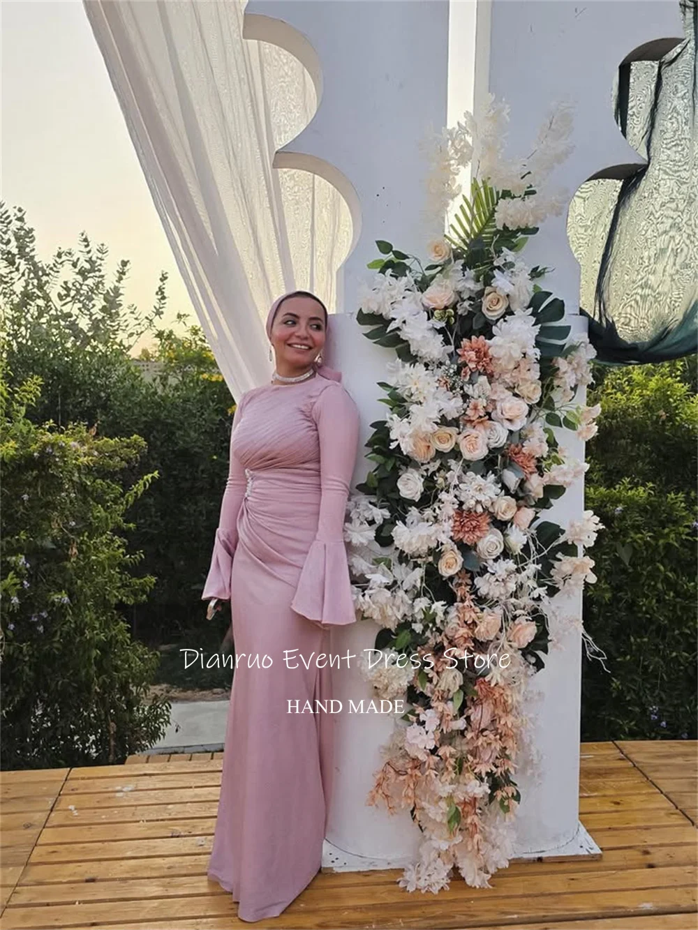 Dianruo فساتين سهرة بأكمام واسعة وردية على شكل حرف A فساتين حفلات أنيقة من الساتان برقبة دائرية فستان حفلات الزفاف العربي السعودي حسب الطلب