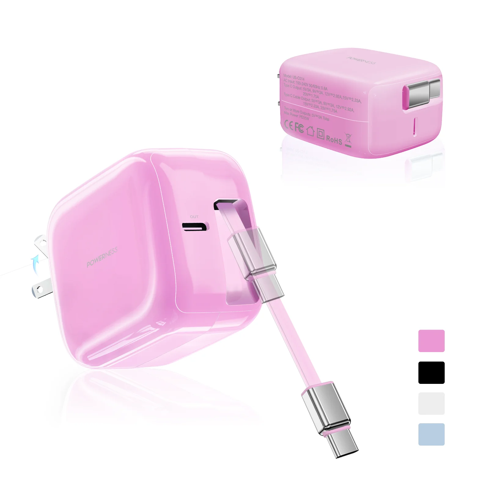 

Новое розовое зарядное устройство Unew с USB-C, адаптер Type-C, быстрая зарядка 35 Вт, выдвижной кабель длиной до 60 см, для путешествий, для iPhone и Xiaomi