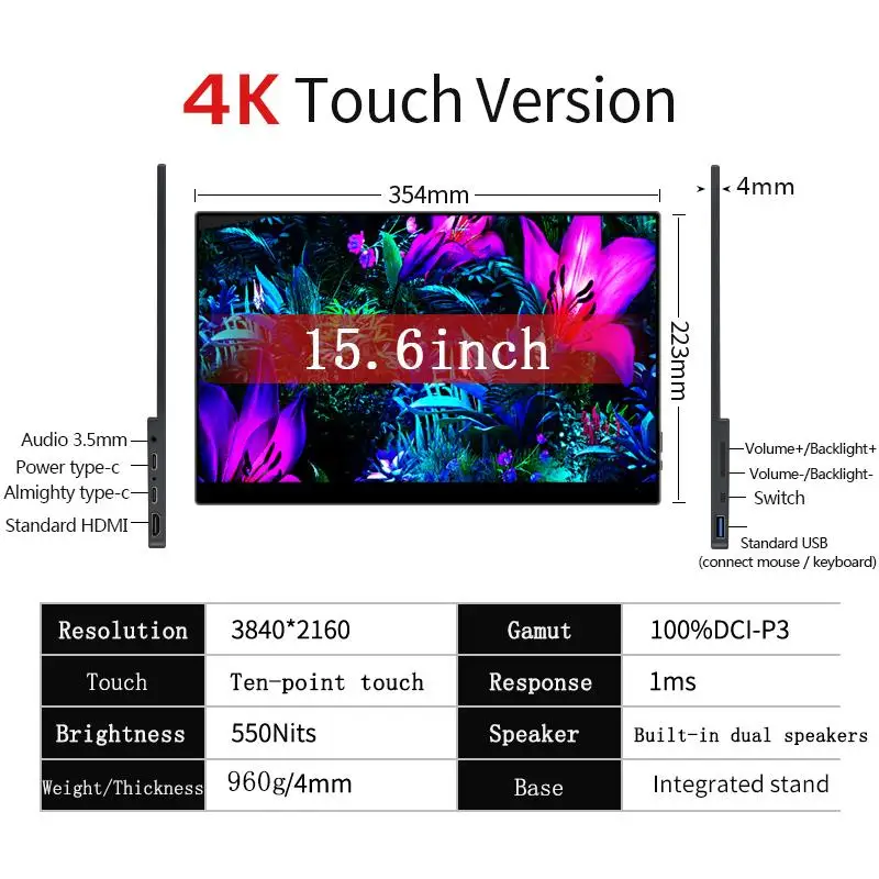 2025 15.6 Inch OLED 4K UHD Touchscreen Portable Monitor With Type-C HDMI-Compatible External Gaming Monitor for Xbox Switch