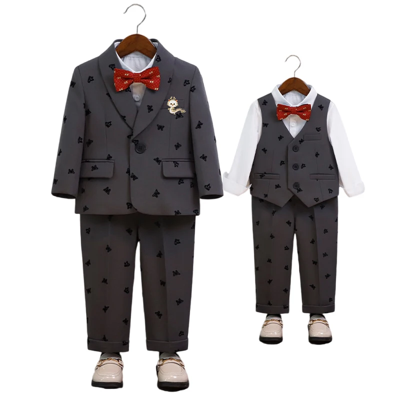 

Boys gray 5pcs Embroidered Suit child Host Birthday Piano Photography Costume Kids Blazer Vest Pants Bowtie Brooch Outfit