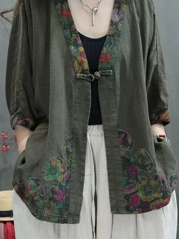 

Льняной джинс с принтом в китайском стиле в стиле ретро, женский летний винтажный национальный хлопковый льняной открытый кардиган на пуговицах, топ