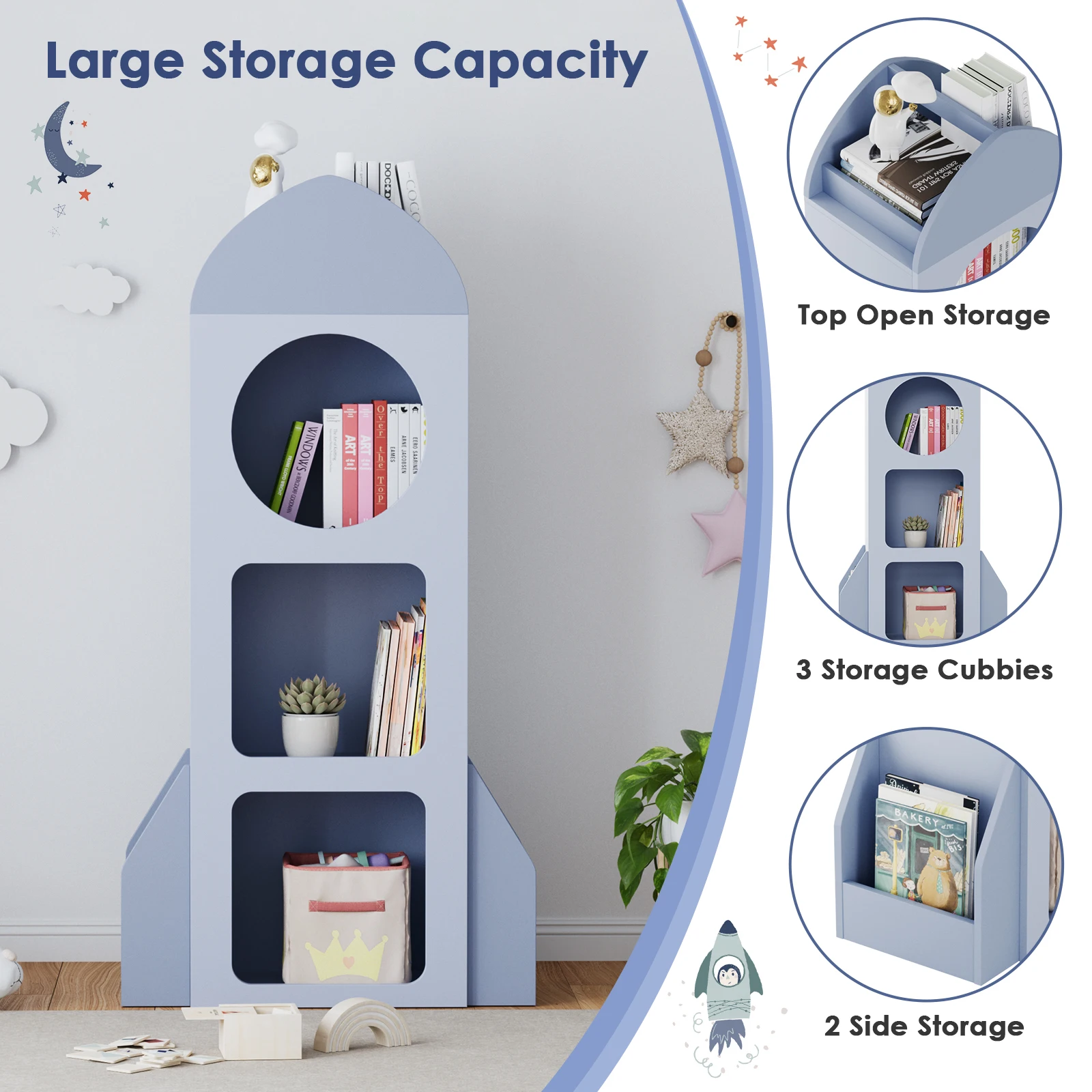 أرفف جانبية لرف كتب الأطفال من 3 طبقات، خزانة كتب خشبية مفتوحة للأطفال الصغار، رف كتب للأطفال وتخزين الألعاب، منظم عرض واسع