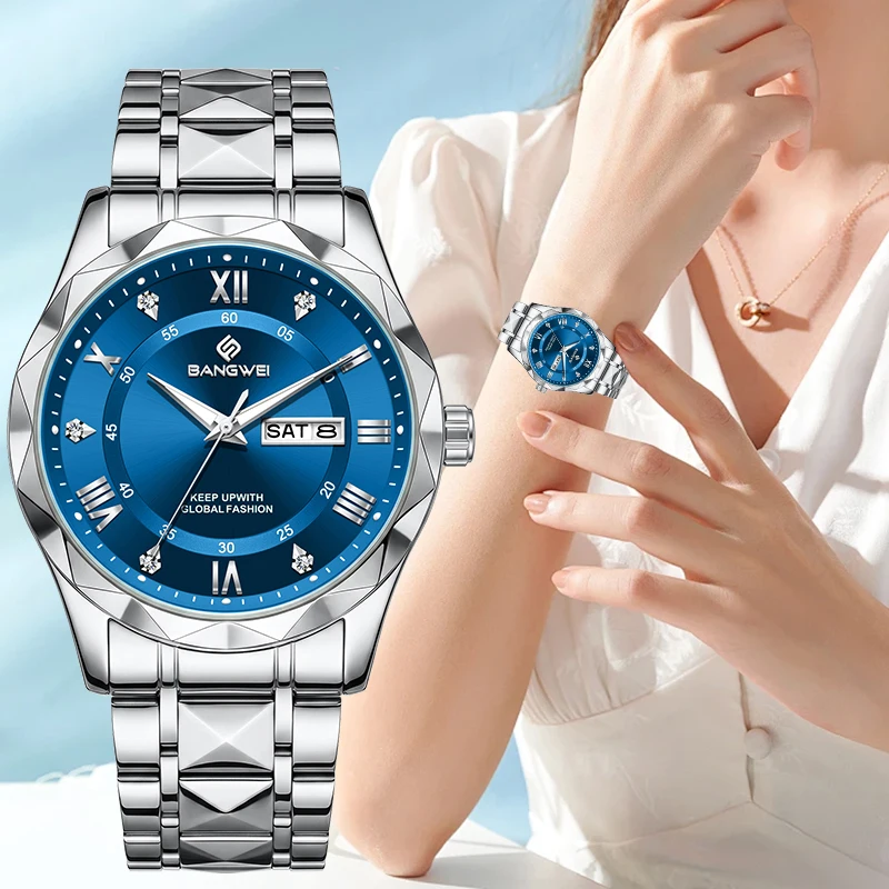 BANGWEI Elegant Classic Woman Watch Luxury Fashion Simple Stainless Auto Date Week Waterproof Diamond Quartz Ladies Wristwatches