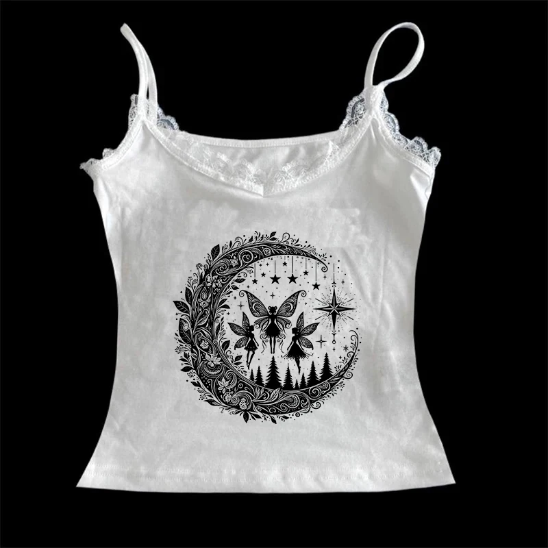 

90s Streetwear Gothic Aesthetic Baby Tee Y2K Harajuku Punk Short Sleeve Slim T-shirt Gothic Creative Moon Pattern Print Crop Top