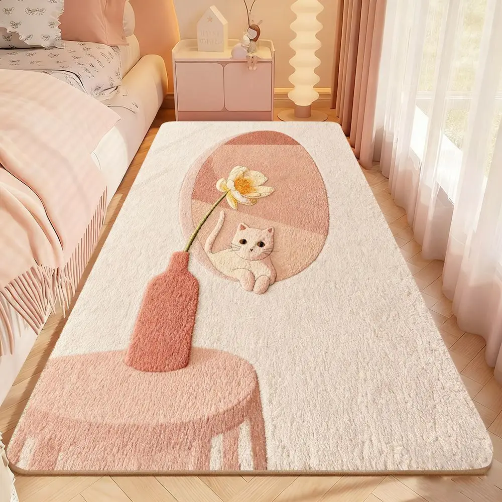 VIKAMA Cat with Flowers Runner Rug for Bedroom, Flannel Plush Bedside Floor Mat, Anti Slip Non Fatigue Doormat, Cozy Home Decor