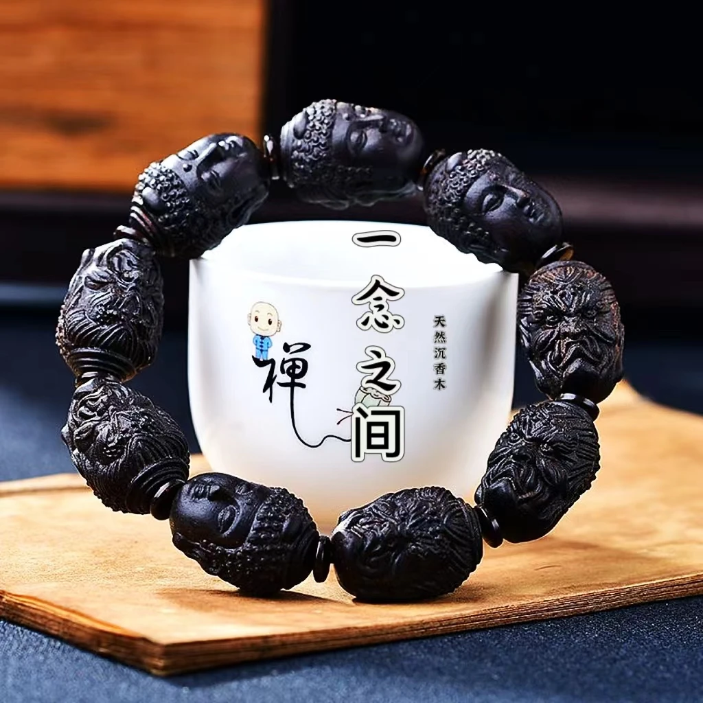 高油度古材ダラサンダルウッド彫刻仏像と悪魔像のブレスレット、善と悪の間の思考、富を引き寄せるためのブレスレット
