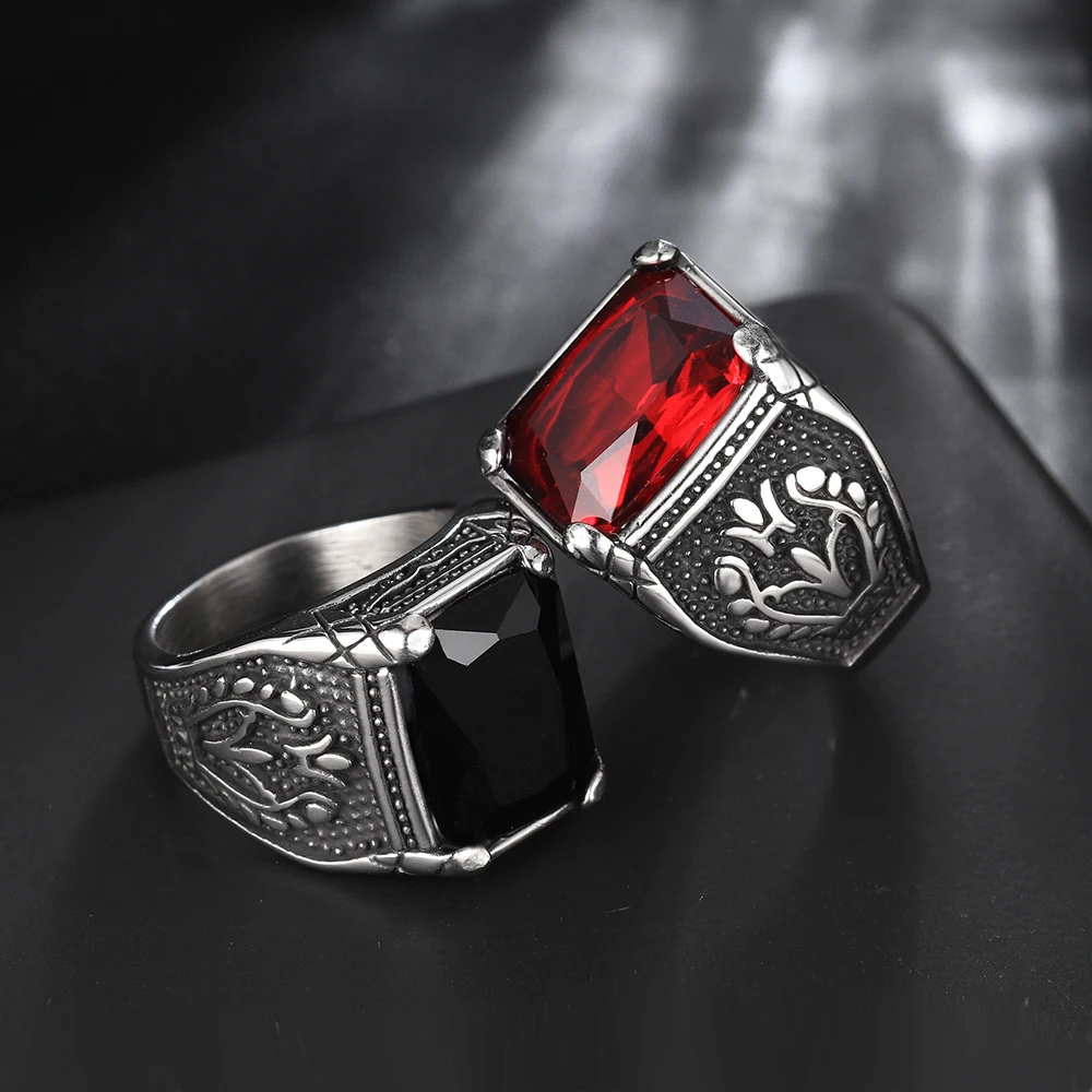 

Stainless Steel Tulip Ring for Men Class Rectangle Red Glass Stone Ring Cuban style Biker Jewelry