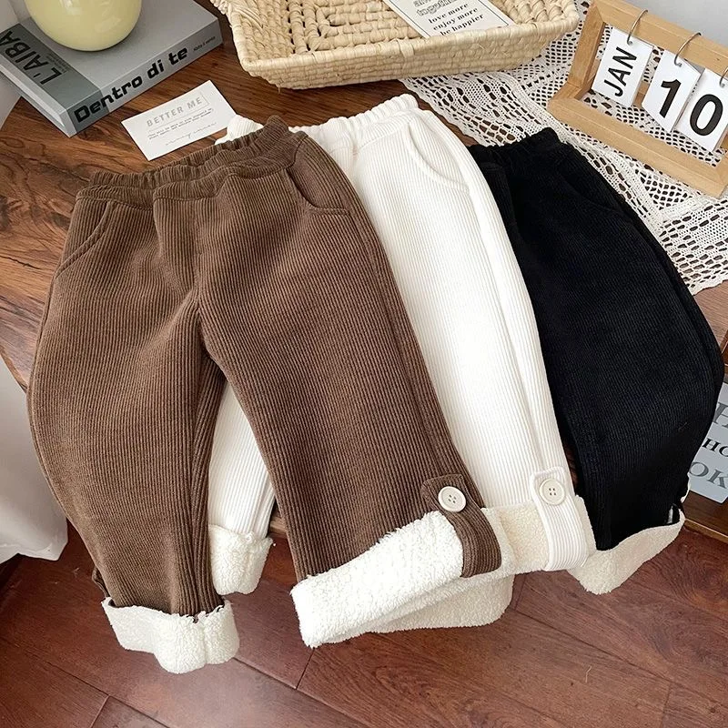 Girls' Winter Velvet Straight Leg Pants 2023 New Korean Children's Corduroy T hickened Warm Casual One-button Cuffed Trousers