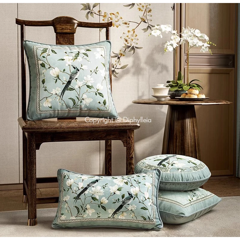 Diphylleia Oriental Art Cushion Covers Magnolia Floral And Birds Decorative Pillowcase Super Soft Velvet Pillow Cover Light Blue