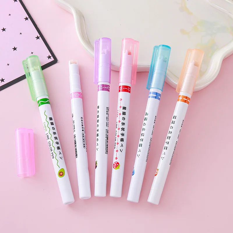 Creative 6-color Quick-drying Floral Contour Curve Pen Planner Pattern, Colorful Marking Pattern, Fluorescent Printing Roller