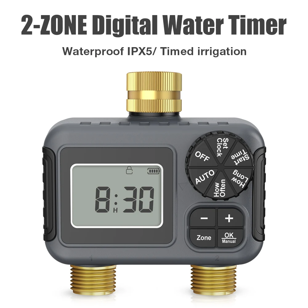 

Мини-садовый таймер с 2 выходами, автоматический/ручной контроллер капельного орошения с задержкой дождя, IPX5, водонепроницаемая спринклерная система синхронизации