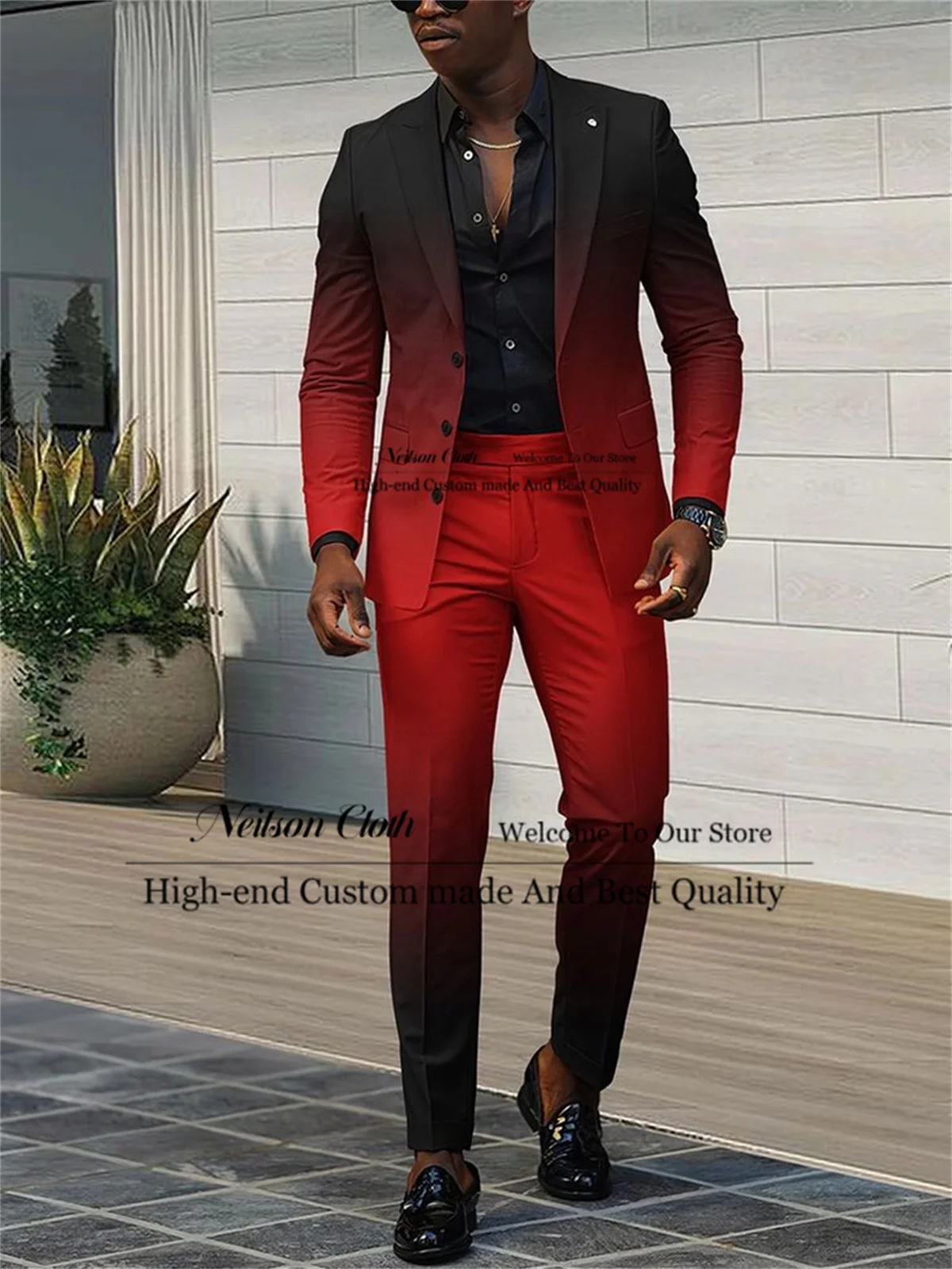

Fashion Black And Red Mixed Male Prom Blazers Slim Fit Peaked Lapel Groom Wedding Tuxedos Customized 2 Piece Sets Costume Homme