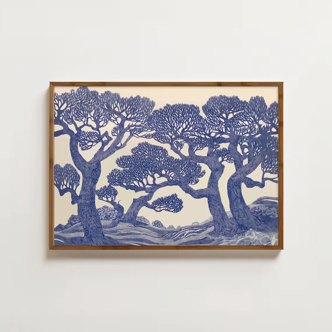 Vintage Oak Tree Print Linocut Forest Wall Art Blue Woodland Landscape Painting Botanical DCoffee Poster Unique Funny Animal Kit