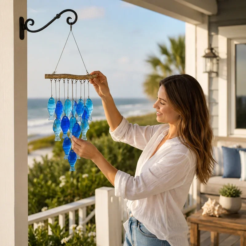 Handmade Blue Glass Fish Wind Chime Outdoor Beach Garden Decor Iron Art Hanging Ornament