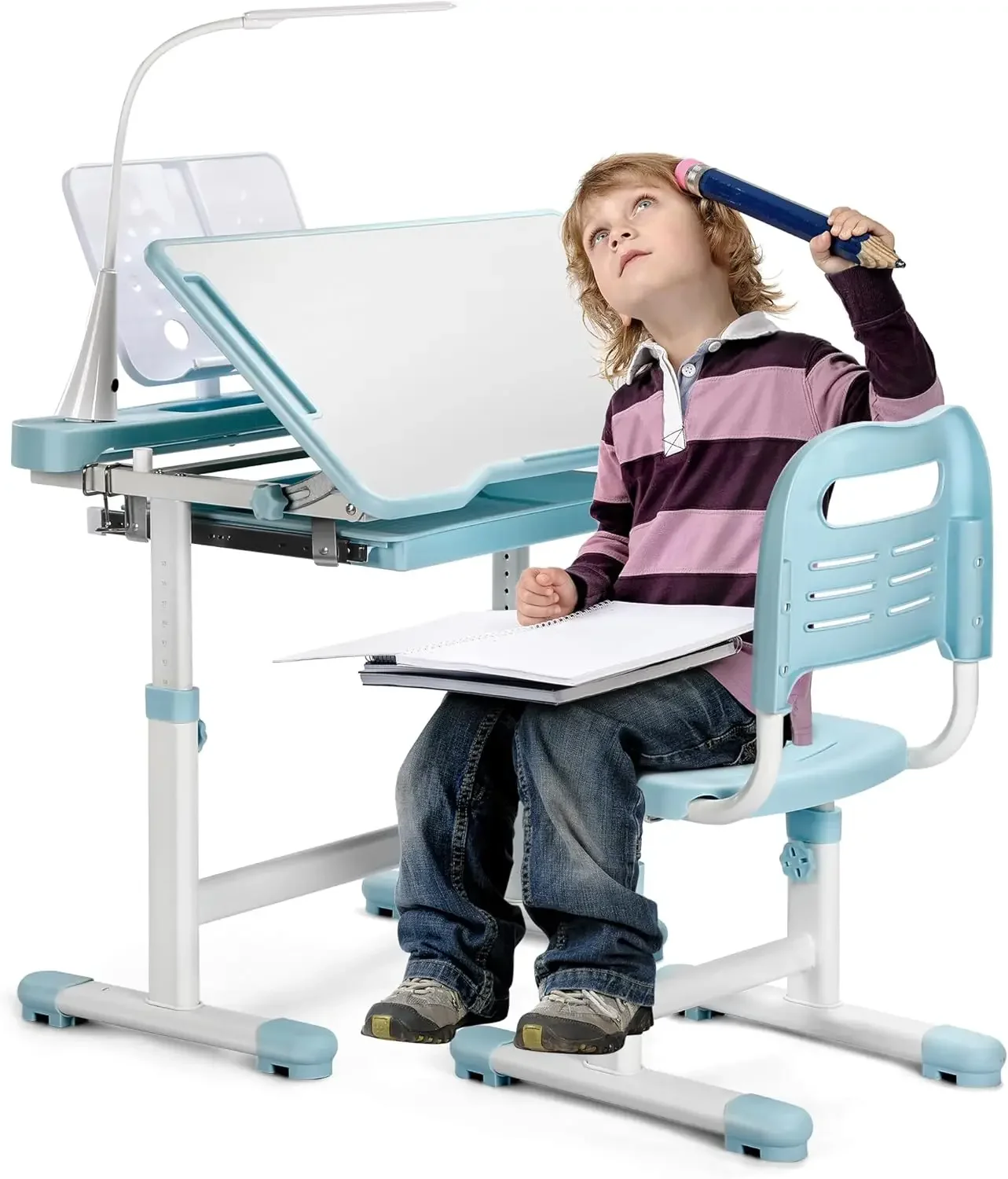 Kids Desk and Chair Set Height Adjustable School Study Desk and Chair with 55° Desktop, 3 Modes&3 Brightness LED