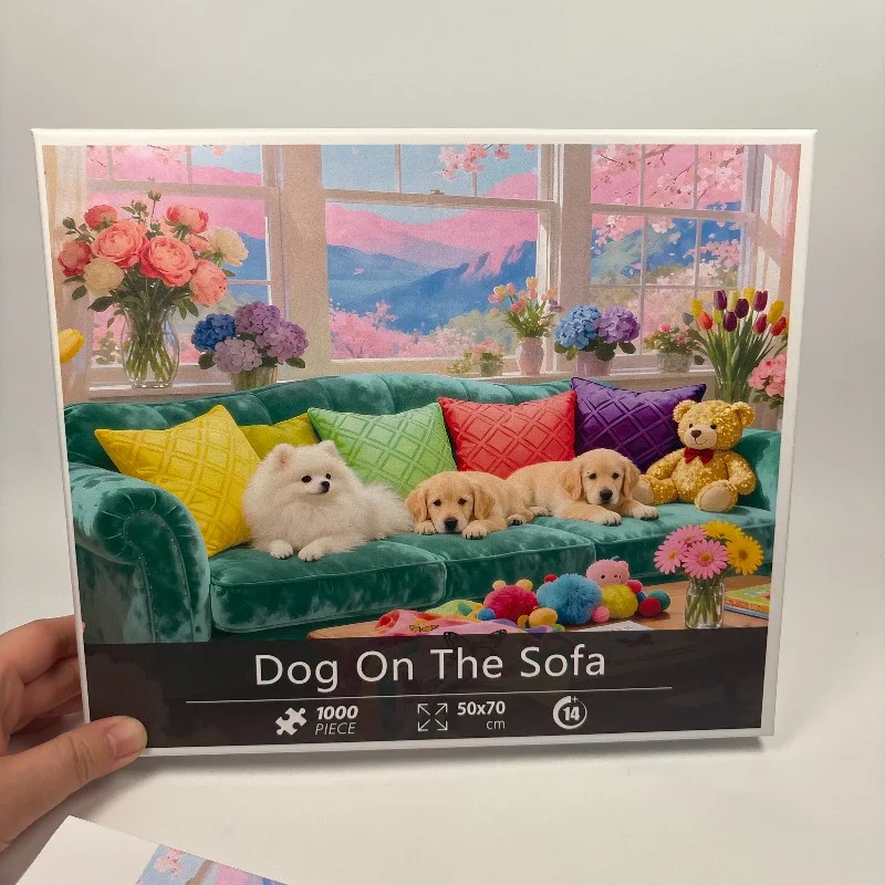 

1 Box of 1000 White Cardboard Adult Puzzles, Dogs on The Sofa - 70x50cm/27.6x19.7 Inches, Pet Puzzles, Good Gift Choice