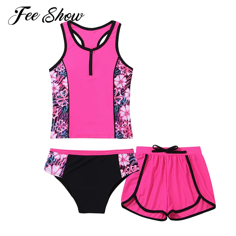 3Pcs Kids Girls Printed Swimming Suit Swimwear Sleeveless Racer Back Tops with Shorts and Briefs Set for Beach Swimming Bathing