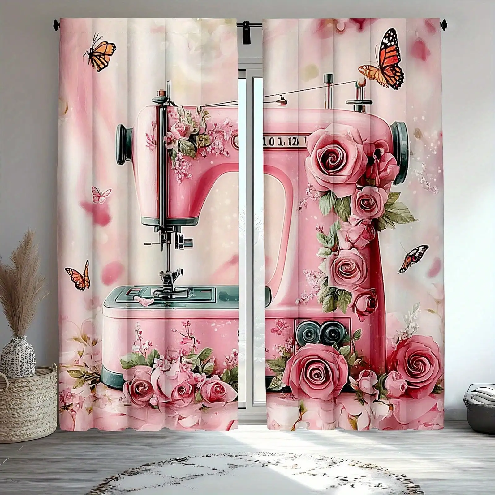 2pcs Vintage Sewing Machine & Floral Window Drapes |   Romantic Pink Roses And Butterflies Design, Light-Blocking Curtains