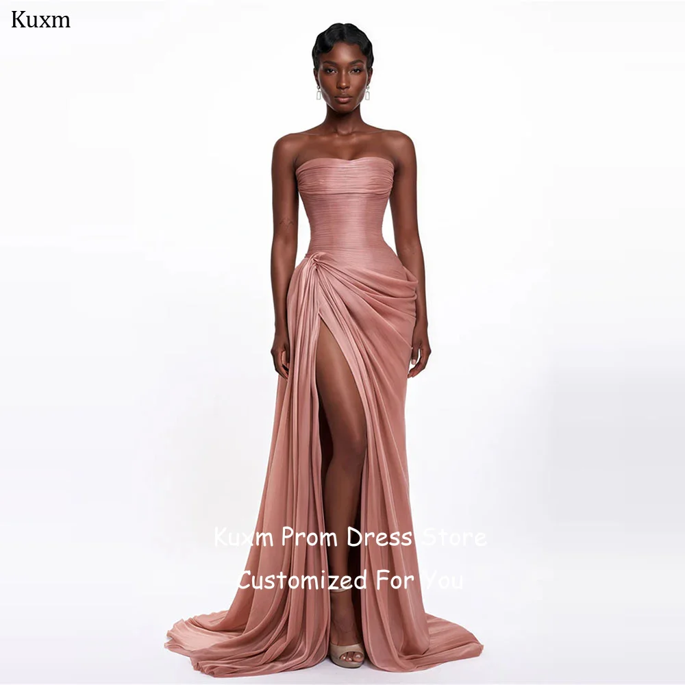 Kuxm Chiffon Formal Evening Dresses Women Strapless Floor Length Elegant Prom Gowns Sleeveless High Slit Vintage Gown Customized