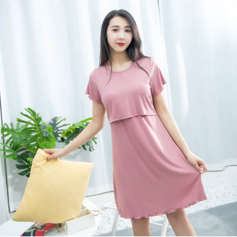Modal Maternity Nightdress Nursing Pregnancy Clothes Summer Short Sleeve Casual Soft Loungewear Loose Breastfeeding Gown - view 5