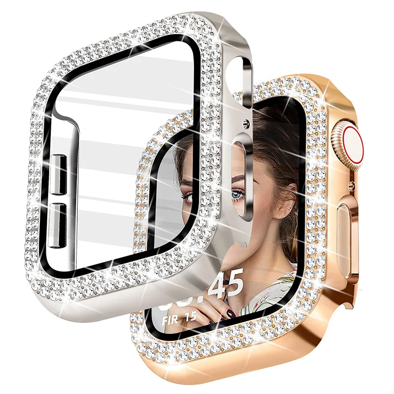 Diamant-Abdeckung für Apple Watch-Gehäuse 45 mm, 41 mm, 38 mm, 42 mm, 44 mm, 40 mm, gehärtetes Glas + Stoßstange, Displayschutzfolie, Serie 9, 8, 7, 6, 5, 4, 3 SE