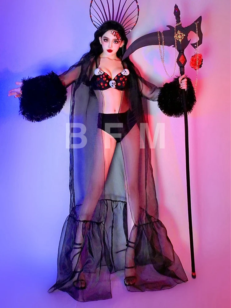 Sexy Gogo Dancer Clothing Women Black Drag Show Performance Outfit Halloween Skull Bikini Set Nightclub Party Rave Wear VDL4550