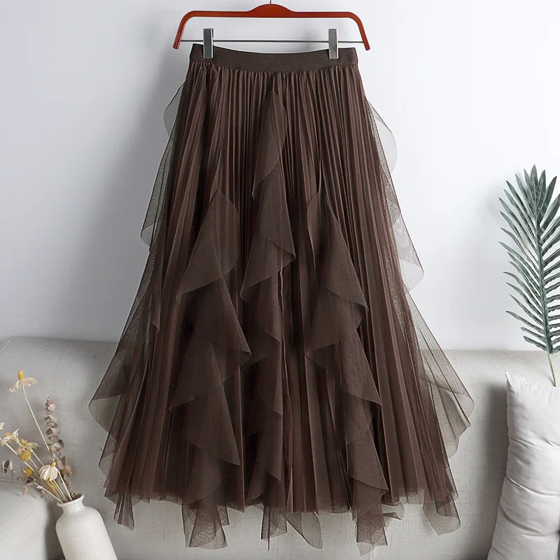 

Big Ruffles Tulle Skirt Womens Autumn Winter High Waist Elegant Pleated Skirts Female Korean Fashion Casual Mesh Skirt