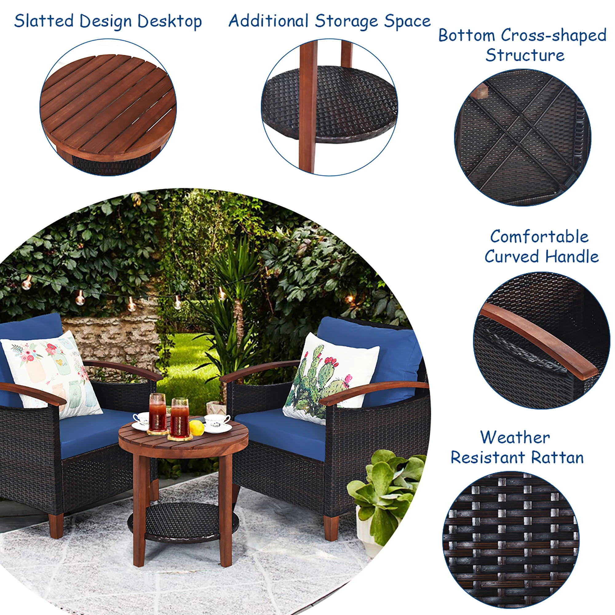 3PCS Patio Rattan Furniture Set Solid Wood Frame Cushion Sofa Round Table Shelf