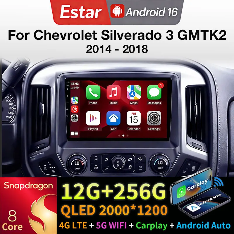 Radio para Auto Android 16 para Chevrolet Silverado 3 GMTK2 2014-2018, Carplay Inalámbrico, Android Auto, Navegación BT, Estéreo Multimedia para Auto