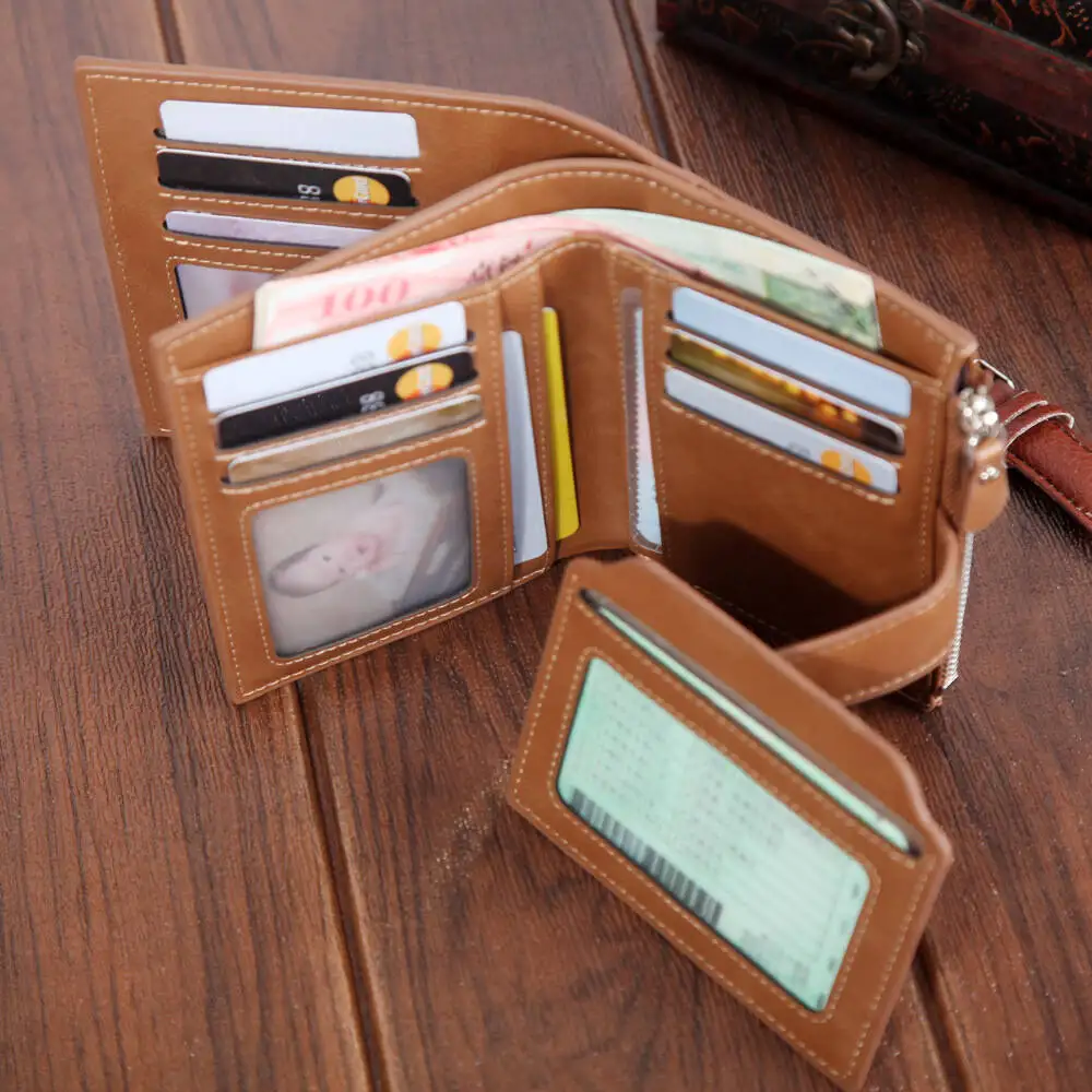Men's Short Women PU Leather Wallet Stretched Card Slot Oil Wax Leather Short Zipper 2-fold Female Ladies Wallet