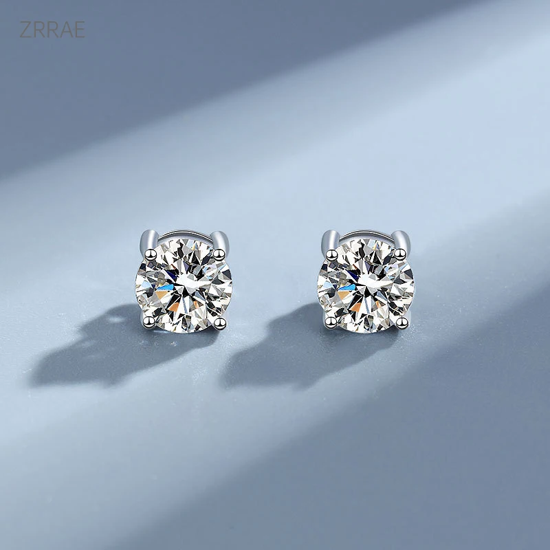 ZRRAE Classic 4 6 Claws Moissanite Diamond Stud Earrings Luxury 1CT 2CT Real 925 Sterling Silver For Women Wedding Fine Jewelry