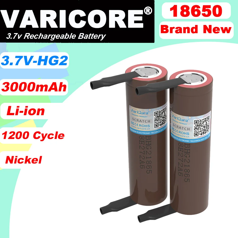 بطارية VariCore الجديدة HG2 18650 3000mAh 3.6 فولت تفريغ 20 أمبير، مخصصة لبطاريات hg2 + نيكل ذاتي الصنع