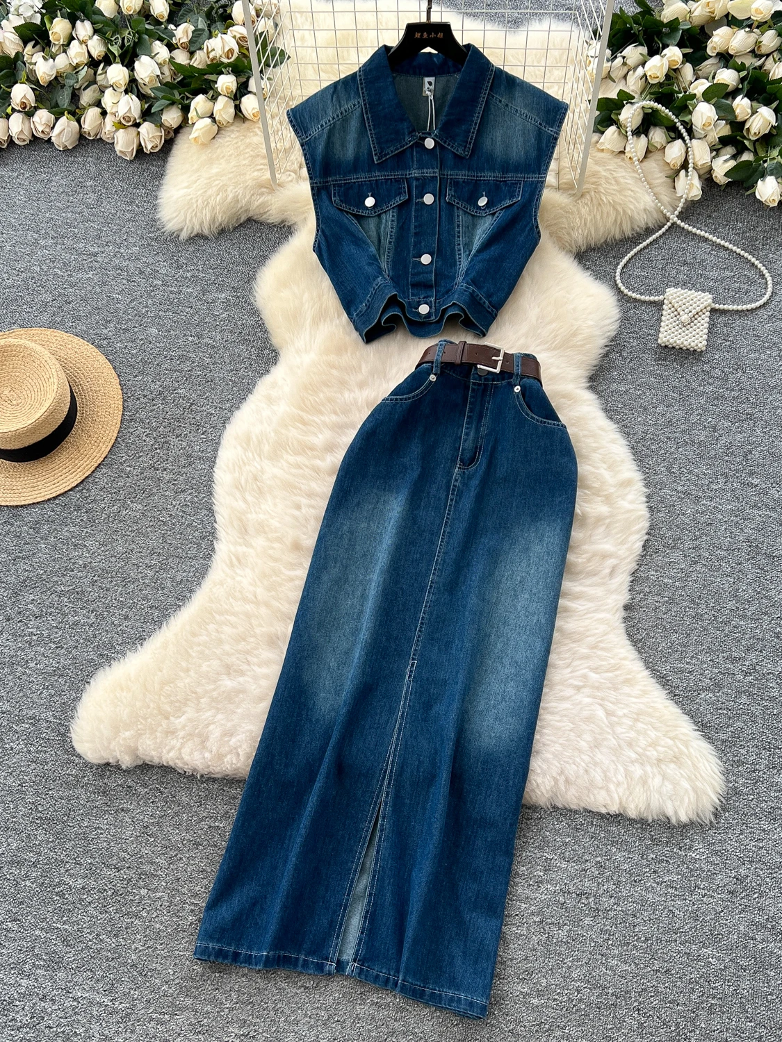 

Джинсовый комплект в стиле ретро для девочек, женский летний комплект с высокой талией и разрезом, длинная юбка, модный костюм из двух предметов с воротником ort Sve