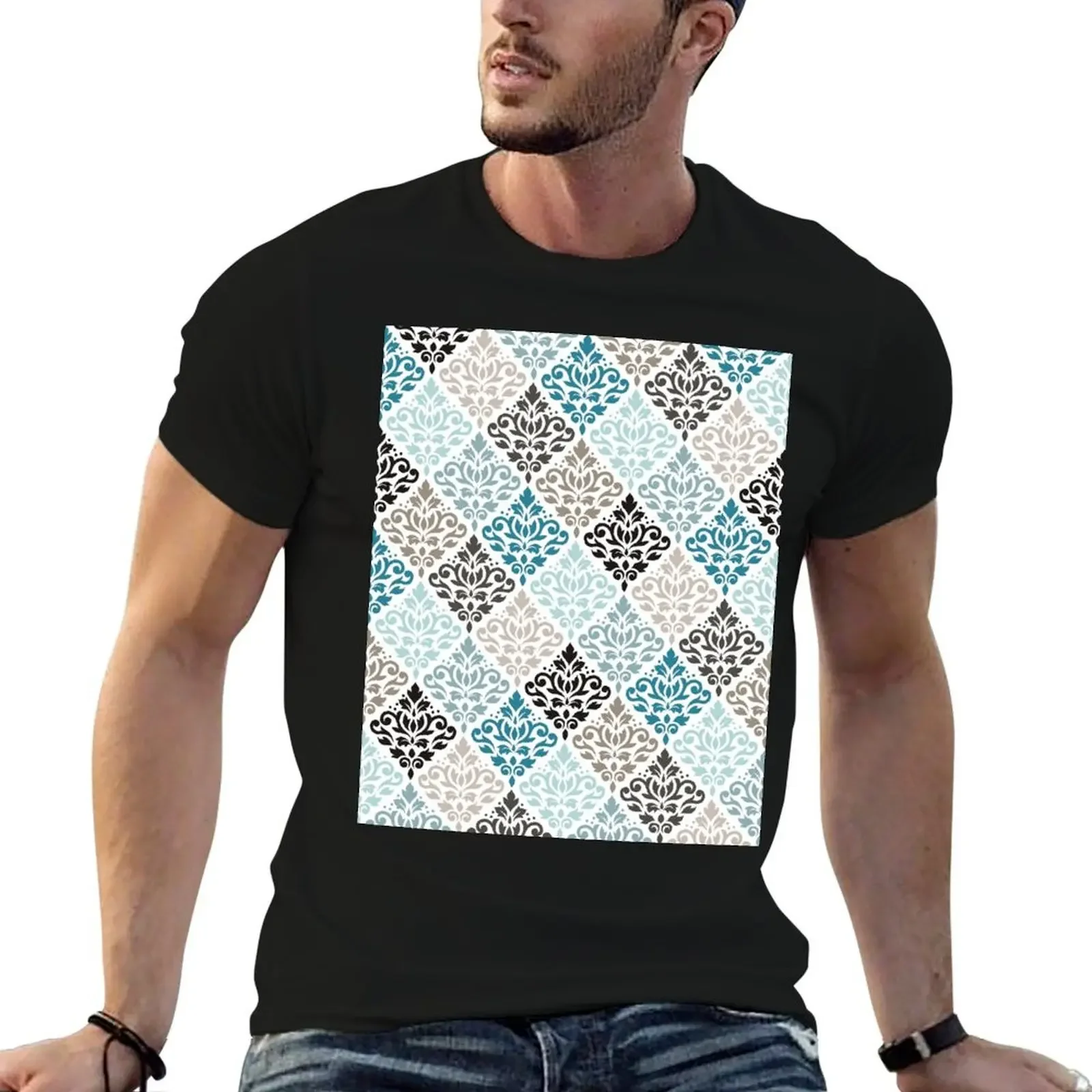 

Scroll Damask Pattern Teals Browns White T-Shirt korean fashion street wear boys whites fruit of the loom mens t shirts