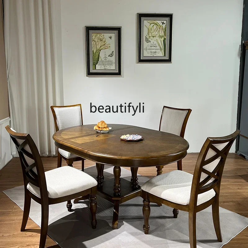 

TTT American solid wood dining table retractable oval dining table French retro furniture