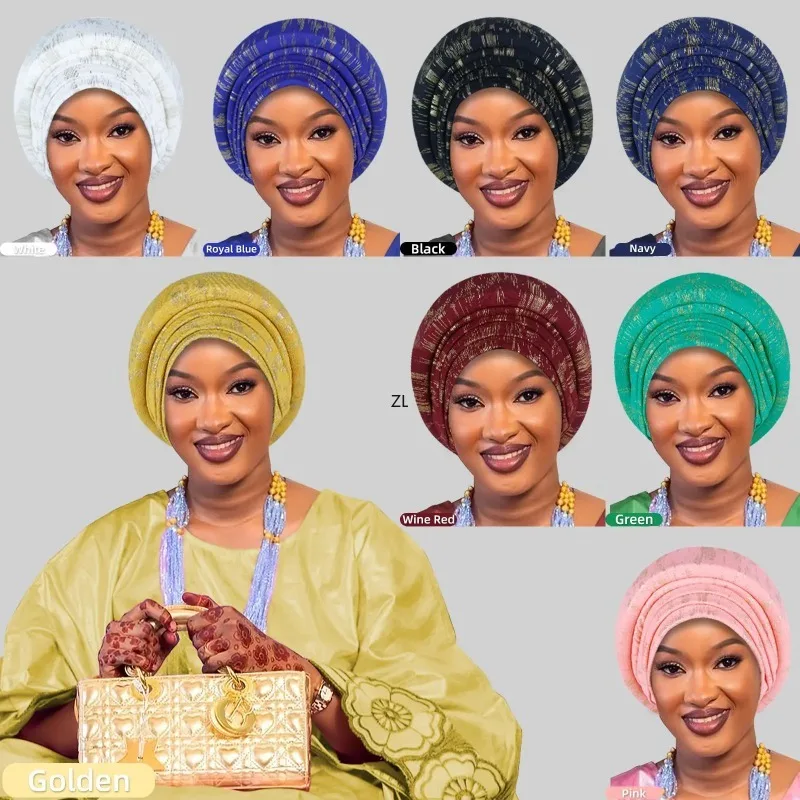 

Elegant African Headtie Turban Already Made Women's Auto Gele Female Head Wraps Nigeria Head Ties Wedding Party Headgear