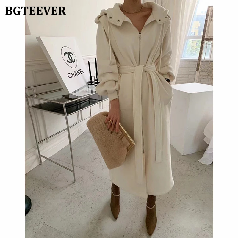 BGTEEVER Autumn Winter Thicken Loose Female Pullover Sweatshirt Dress Long Sleeve Pockets Women Lace-up Hooded Mid-Length Dress