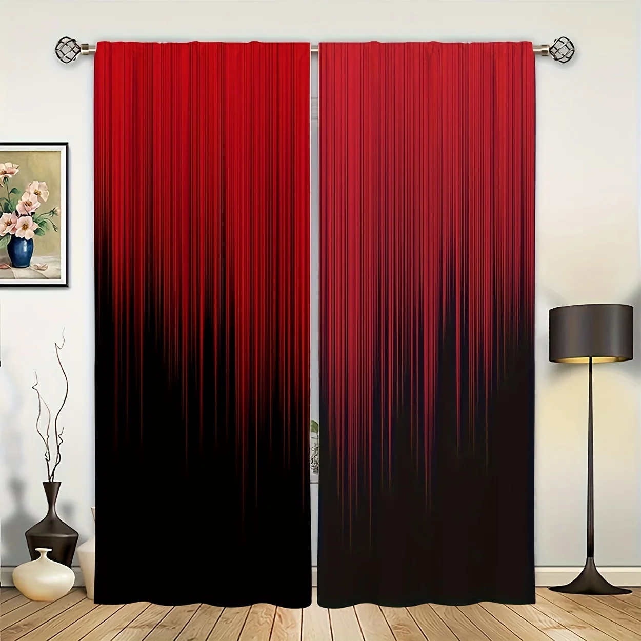 2 Panels Red Black Ombre Gradient Curtains, Abstract Vertical Stripe Polyester Drapes for Living Room, Modern Gothic Window