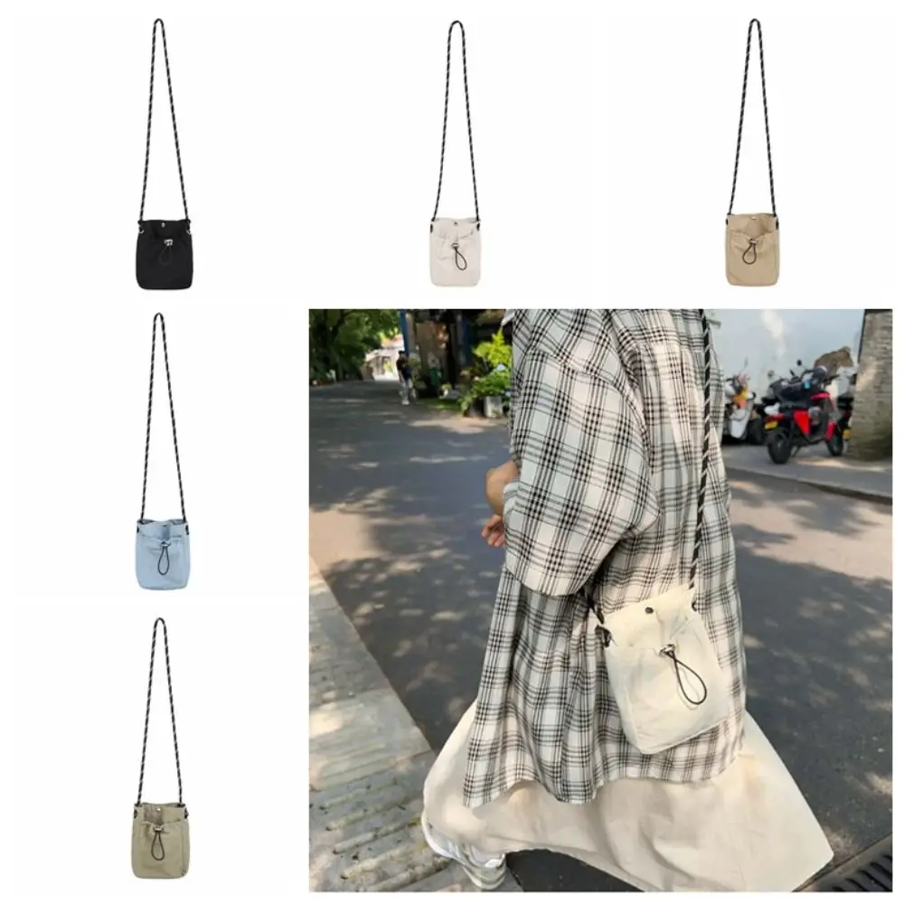 Korean Style Drawstring Phone Bag Large Capacity Niche Design Light Soft Nylon Bag Tote Bag Solid Color Shoulder Bag Girls