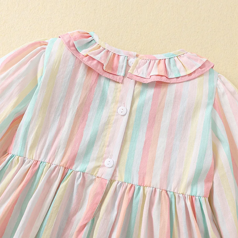 Vestido infantil de algodão manga comprida, roupa listra colorida, desenho animado arco-íris, padrão bordado, roupas para meninas, primavera, outono, 2024