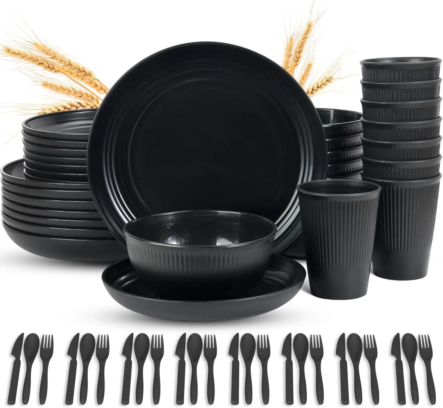 

56 Piece Wheat Straw Dinnerware Sets,Unbreakable Reusable Dinnerware Set,Dishwasher & Microwave Safe Plates and Bowls Se