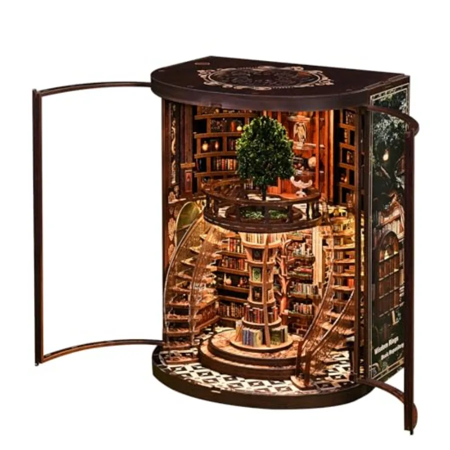 

Book Nook Kit: 3D Wooden Puzzle for Adults, DIY Miniature House with LED Light, Wisdom Rings Design, Warm Wood Tone, Bookshelf