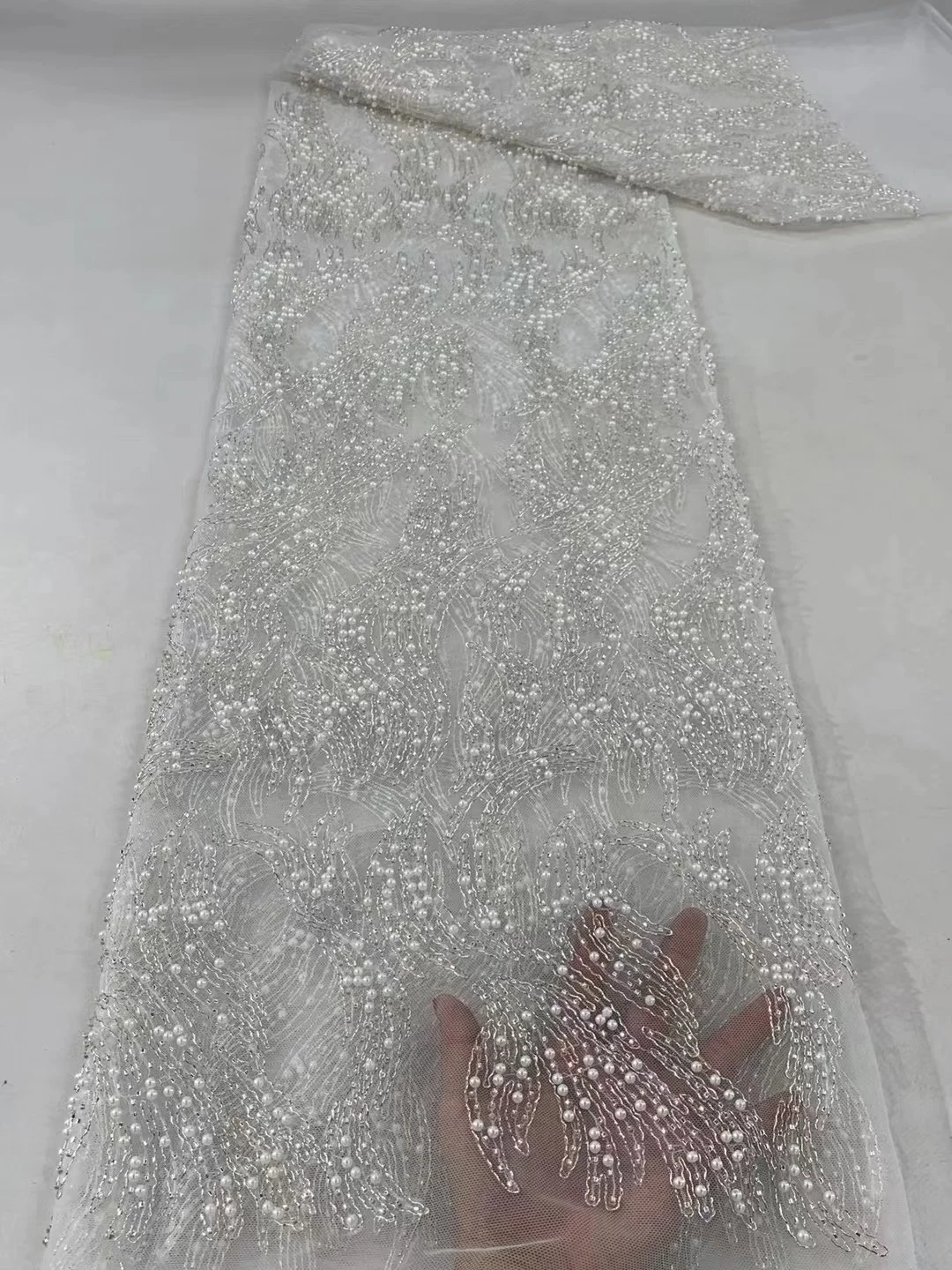 

White Handmade Beads Lace Latest African Lace Fabric Embroidery French Nigerian Mesh Tulle Lace Fabrics for Party