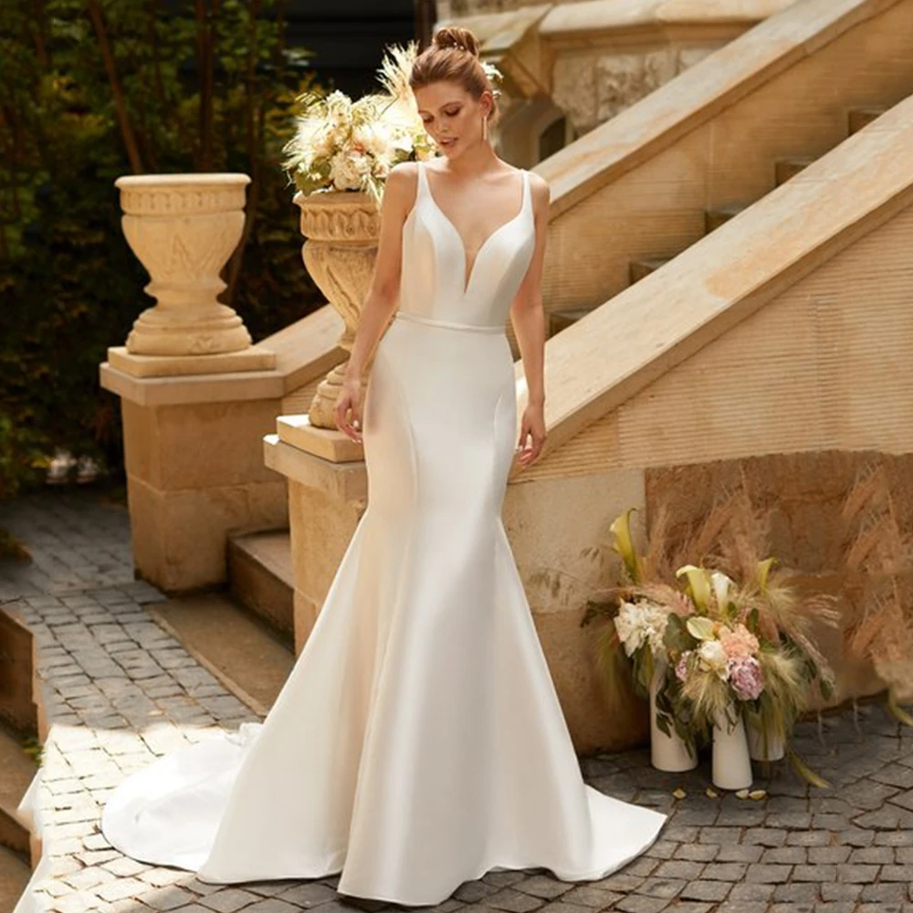 

Elegant Wedding Dress of V-Neck and Backless Spaghetti Straps with Belt Mermaid High Quality Sexy Bridal for Church Marry Gowns