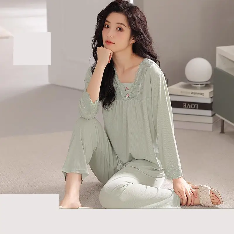 

Пижама женская с длинным рукавом, тонкий крутой Повседневный домашний костюм из вискозы, однотонный комплект для мам, весна-осень